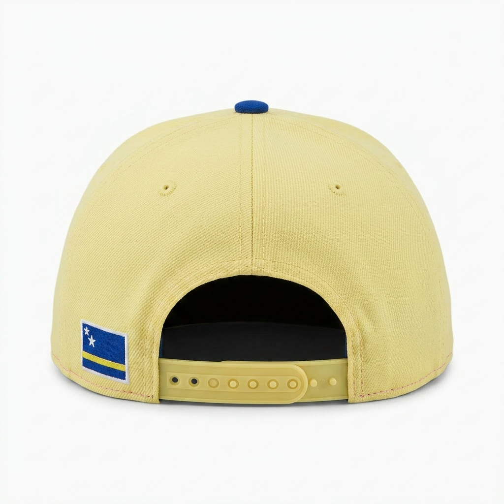 Curaçao Snapback · Lichtgeel met Blauwe Klep achterkant