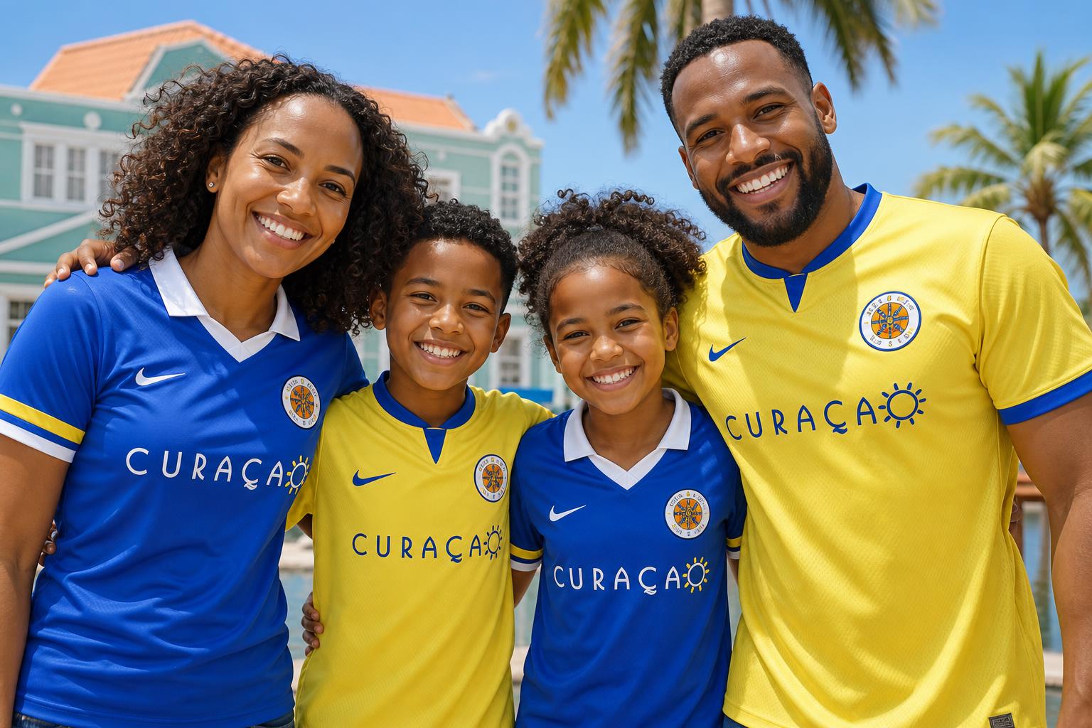 Curaçao familie in gele fanshirts in Willemstad