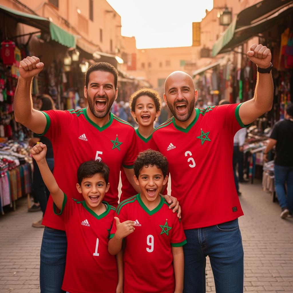 Marokkaanse familie in rode fanshirts